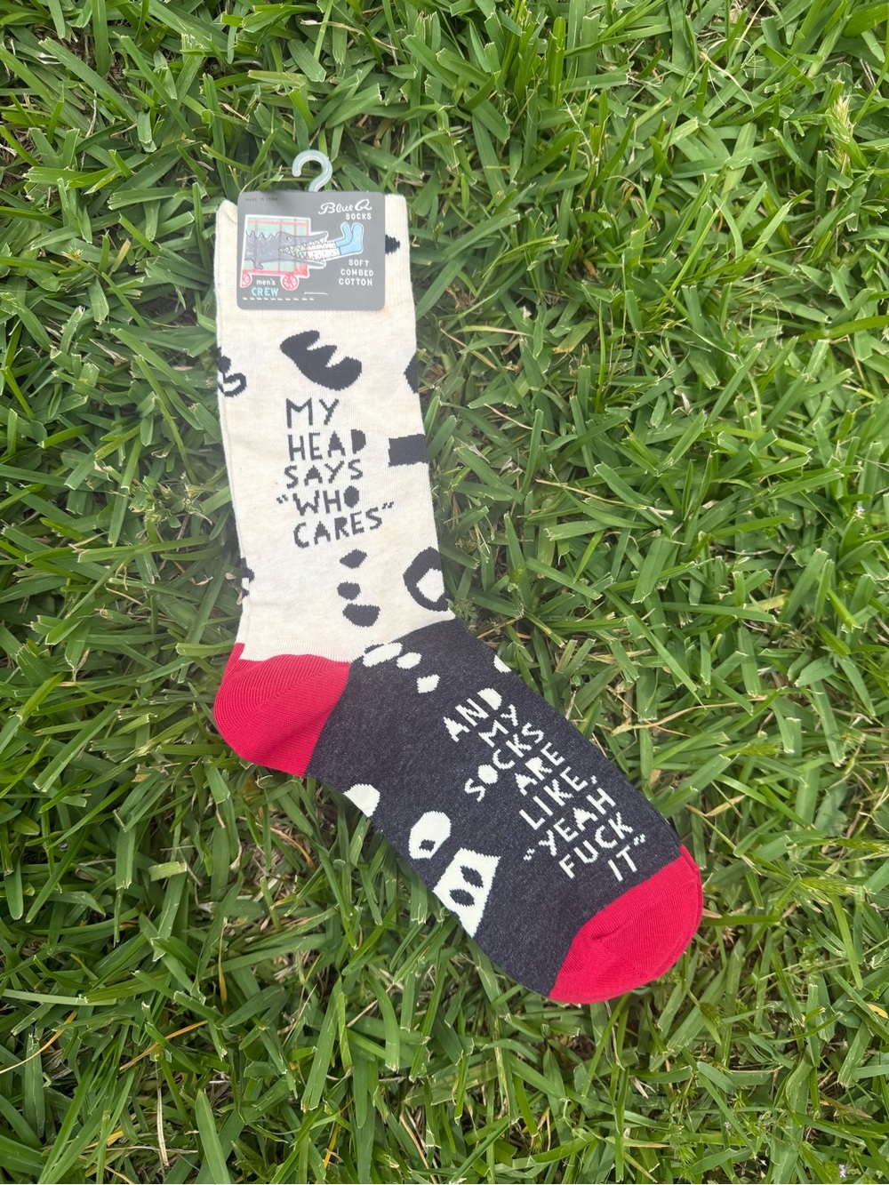 Blue Q Beige, Black & Red Novelty Crew Socks with Bold Text